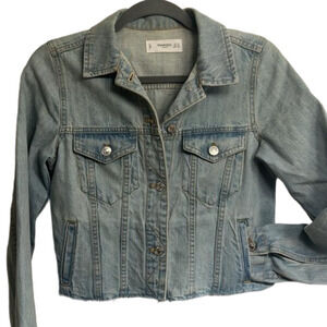 Mango Women’s XXS Cropped Distressed Denim Jean Jacket, Silver Colored Buttons